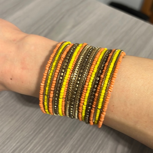 Other - Boho Beaded Cuff Bracelet, EUC, Yellow, Gold, Brown, Orange